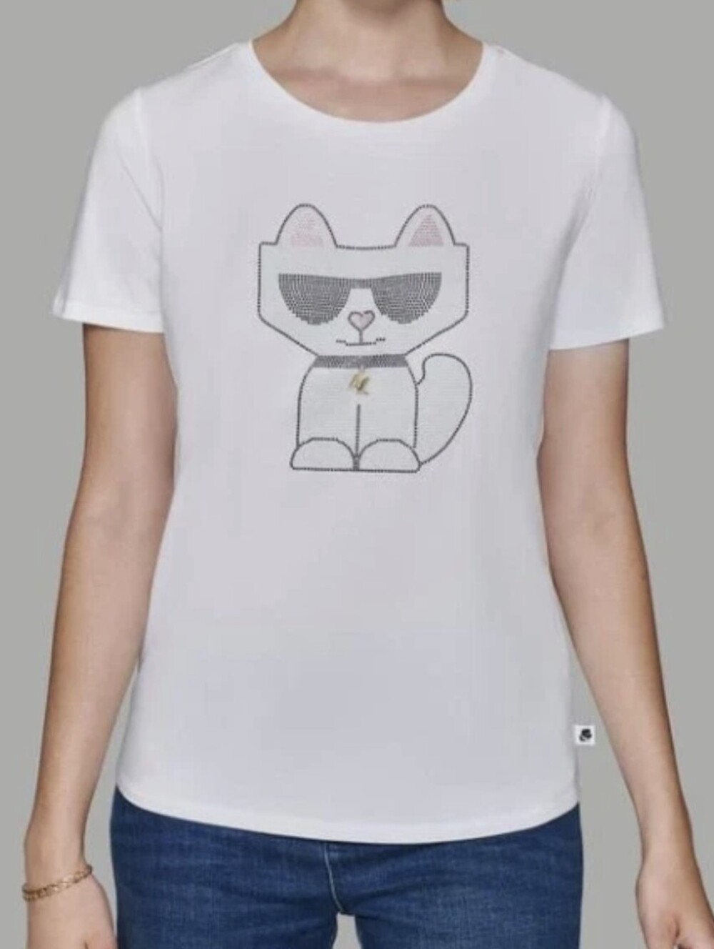 Karl Lagerfeld Paris White Cat Graphic Tee with Crystal Sunglasses,  size L